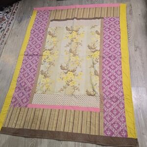 American Vintage Patchwork Quilt Blanket CottageCore Framed Floral Pink Yellow